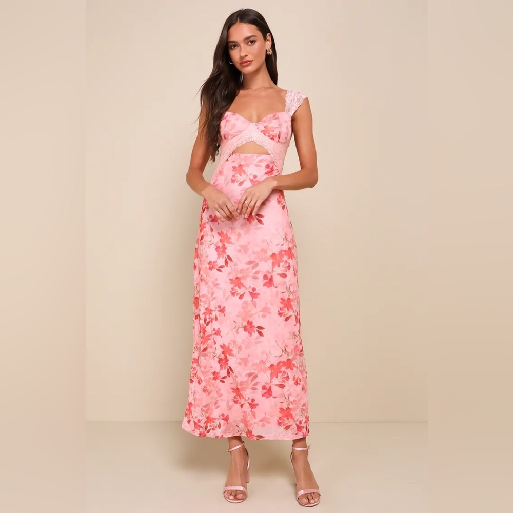 Endlessly Cute Pink Floral Mesh Cutout Lace Bustier Maxi Dress